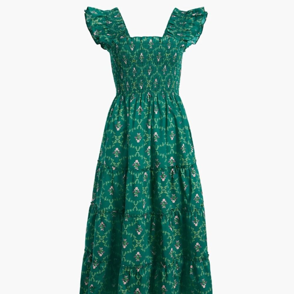 Hill House Ellie Nap Dress in Emerald Trellis XL - Green Floral Smocked Dress